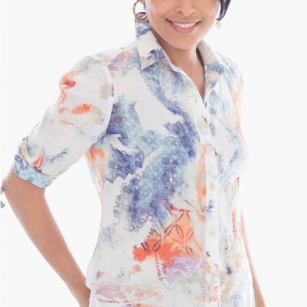 🦊 Chico’s Dreamy Watercolors of Blue & Orange 3/4 Sleeves Linen ShirtTail Tunic